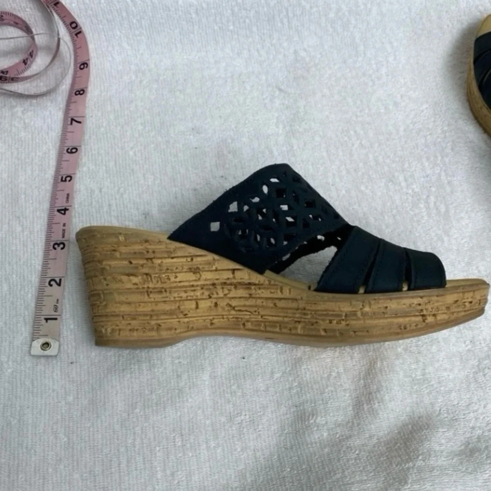 Spring Step Women Black Leather Perforate Faux Cork Wedge Platform Sandal Sz 7.5